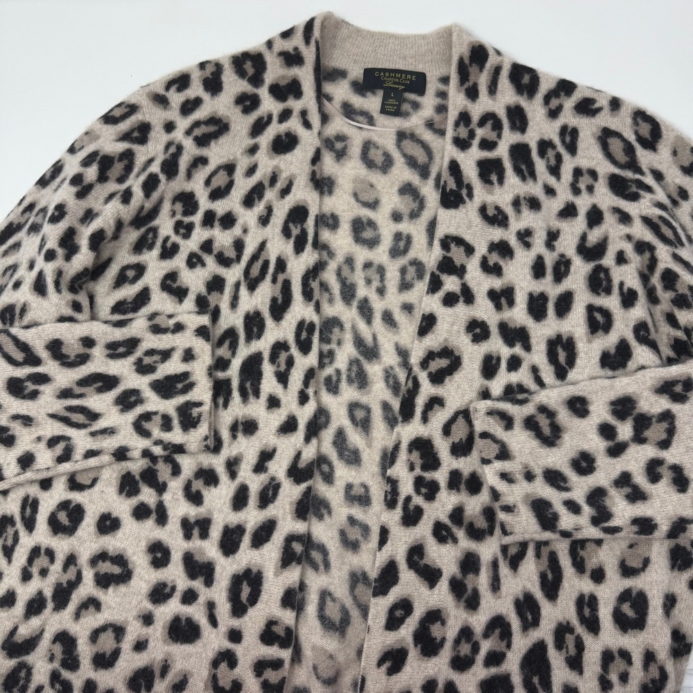 Charter Club Luxury Cashmere Leopard Print Open Front Cardigan Tan Black Large